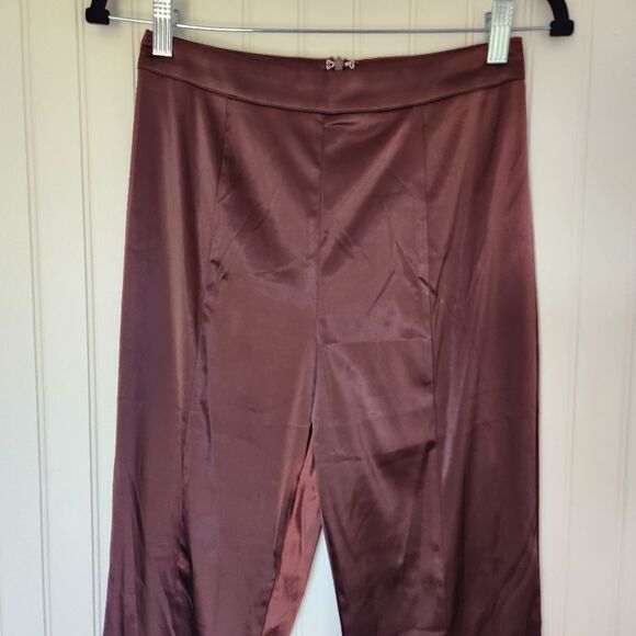 NEW DO+BE Chocolate Brown Satin Contemporary High Waist Split Hem Pants Medium - Picture 2 of 7